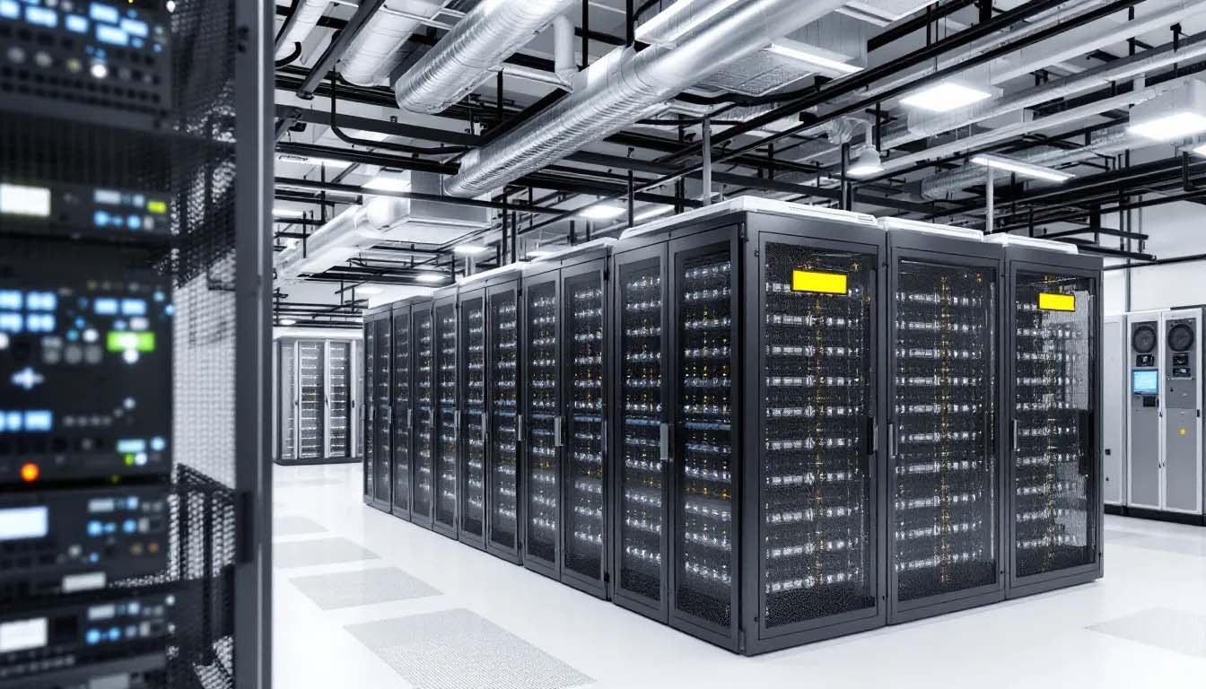 Rows of secure server racks and network equipment housed in a modern, climate-controlled enterprise data center.