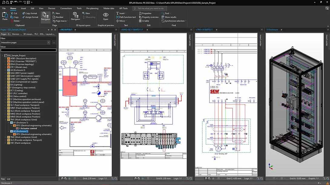 A computer screen displaying EPLAN Electric P8 software with electrical schematics and a 3D enclosure cabinet design layout.