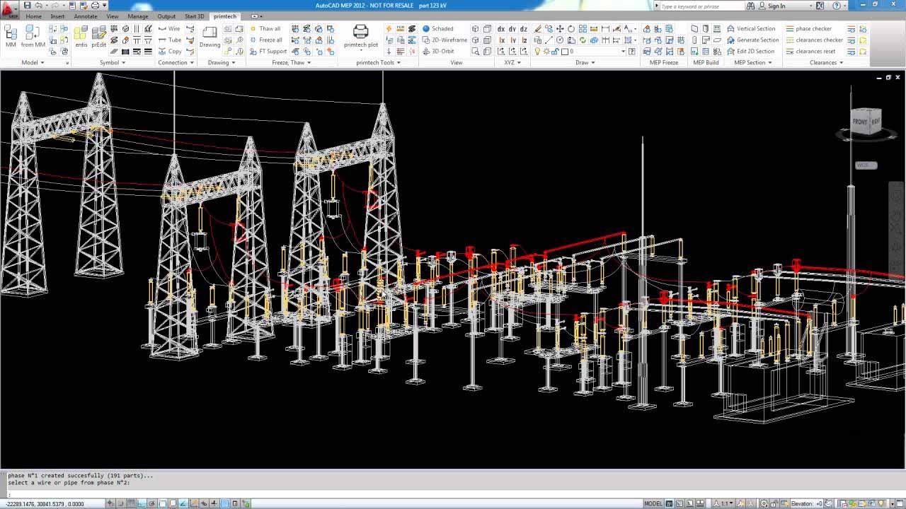 A 3D CAD model of an electrical substation displayed in AutoCAD MEP, featuring lattice transmission towers and busbar layouts.