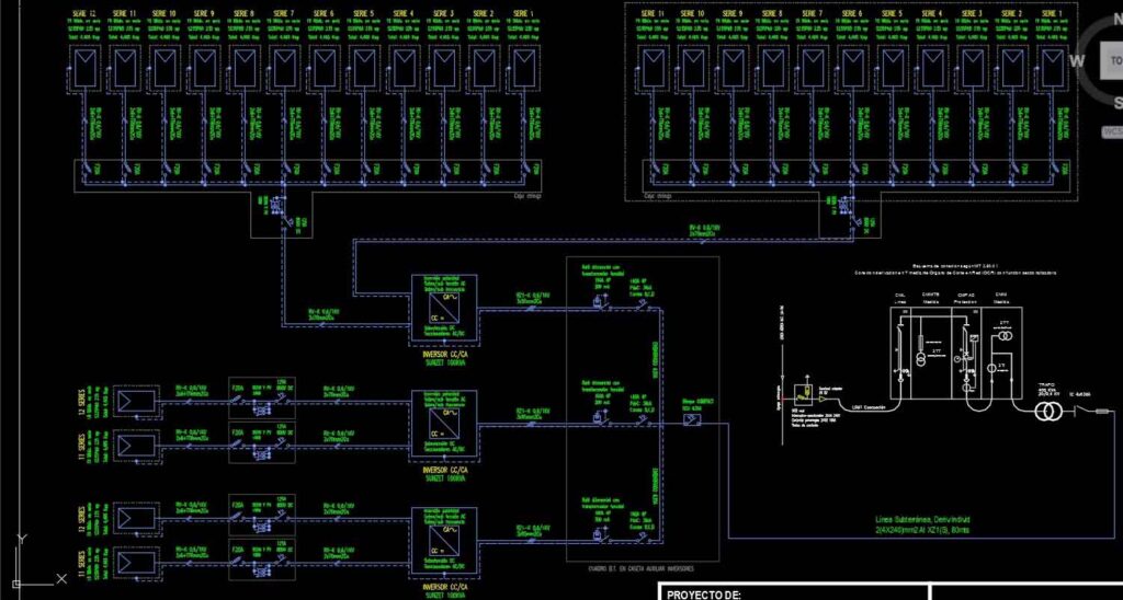 Technical electrical schematic showing a grid-tied solar photovoltaic (PV) system design with inverter connections and distribution pathways.