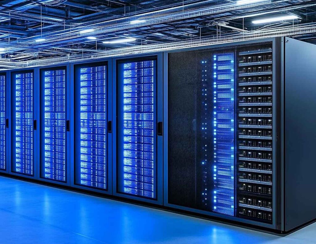 A view of a high-performance enterprise data center featuring rows of server racks with illuminated blue indicators.