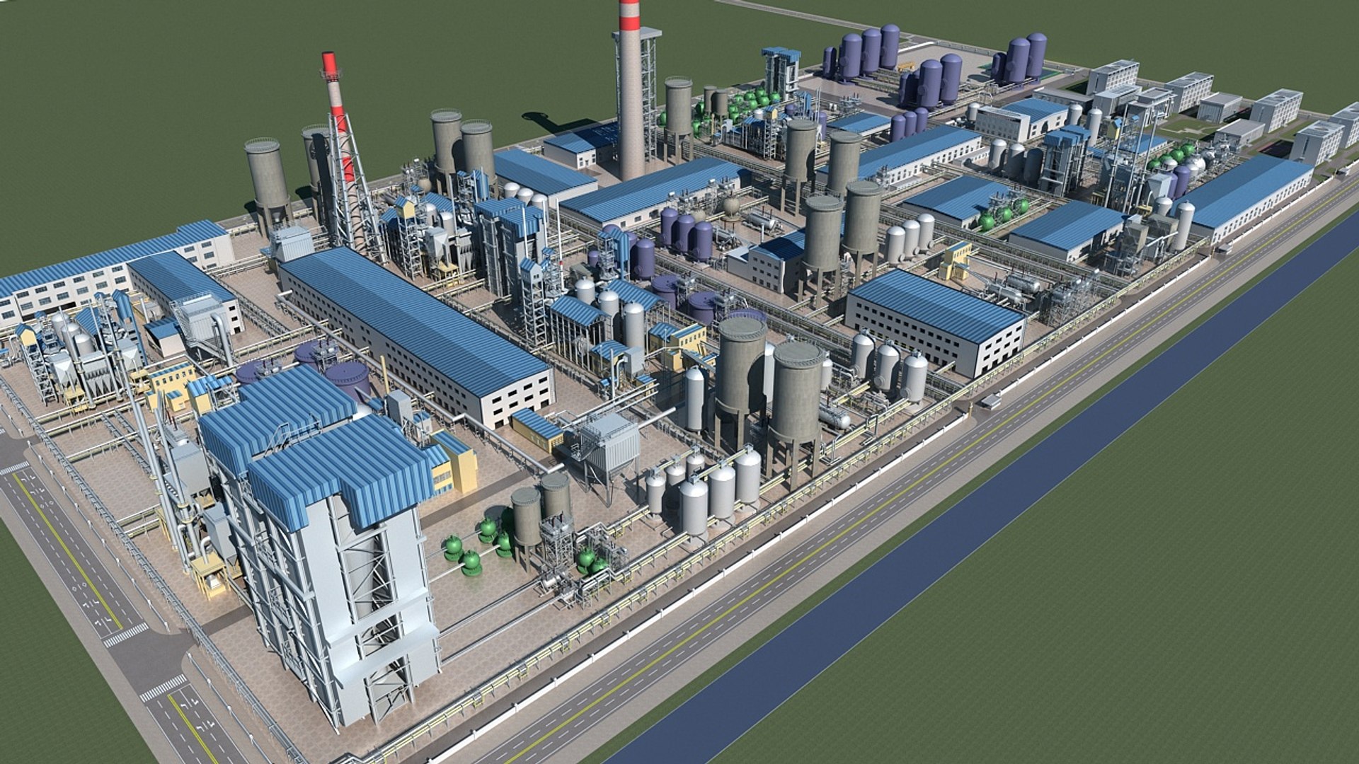 An aerial 3D rendered view of a large-scale industrial manufacturing plant featuring process units, storage tanks, and factory infrastructure.