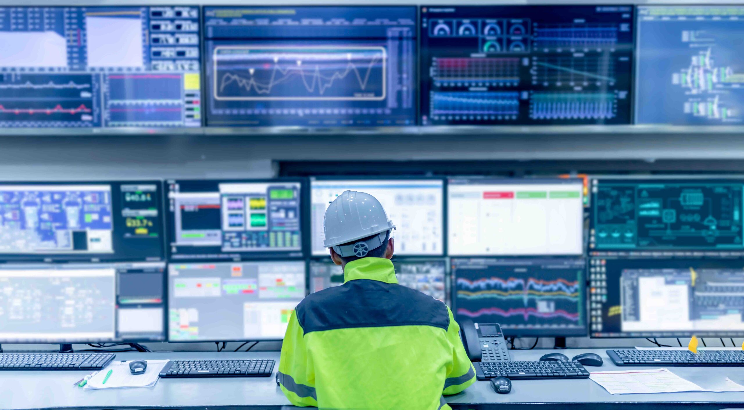 Behind-the-shoulder view of an industrial control room operator wearing a white hard hat monitoring SCADA screens and real-time utility grid graphics.