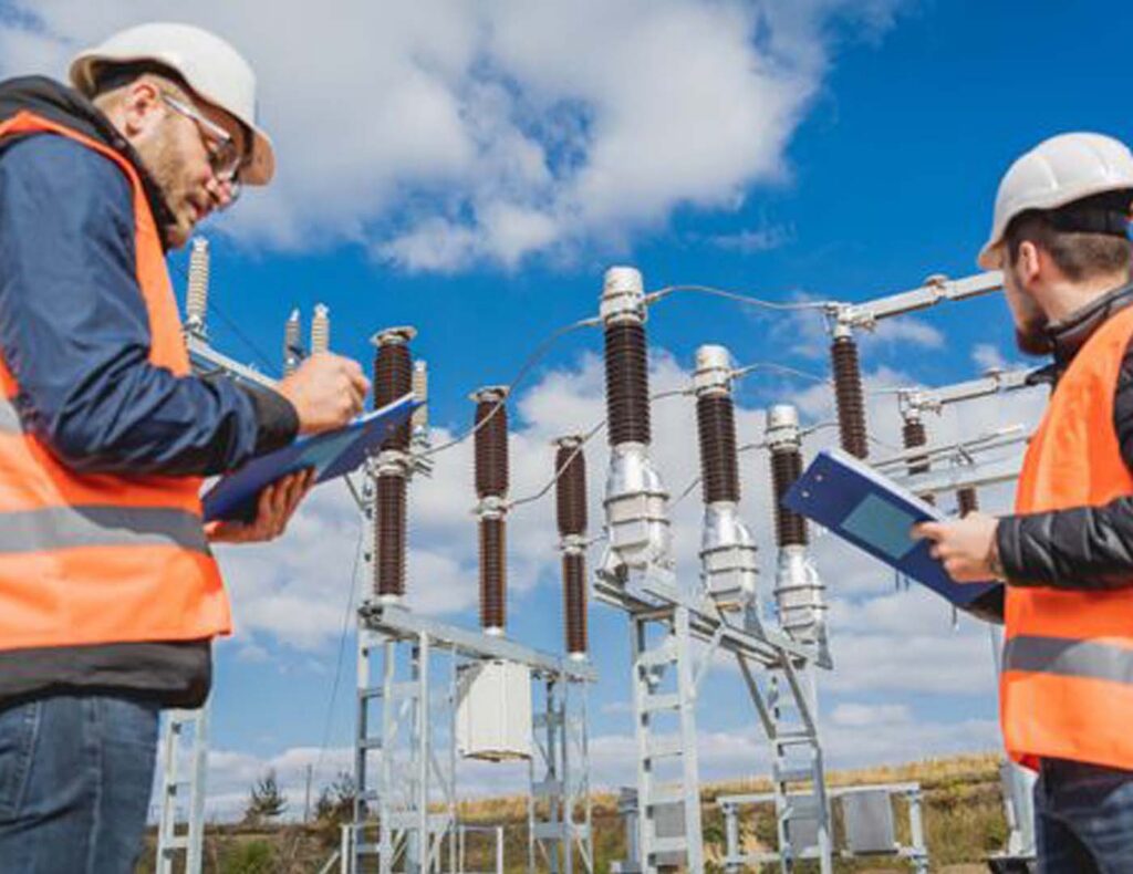 Two electrical engineers wearing hard hats and safety vests performing a site inspection and audit at an electrical substation.
