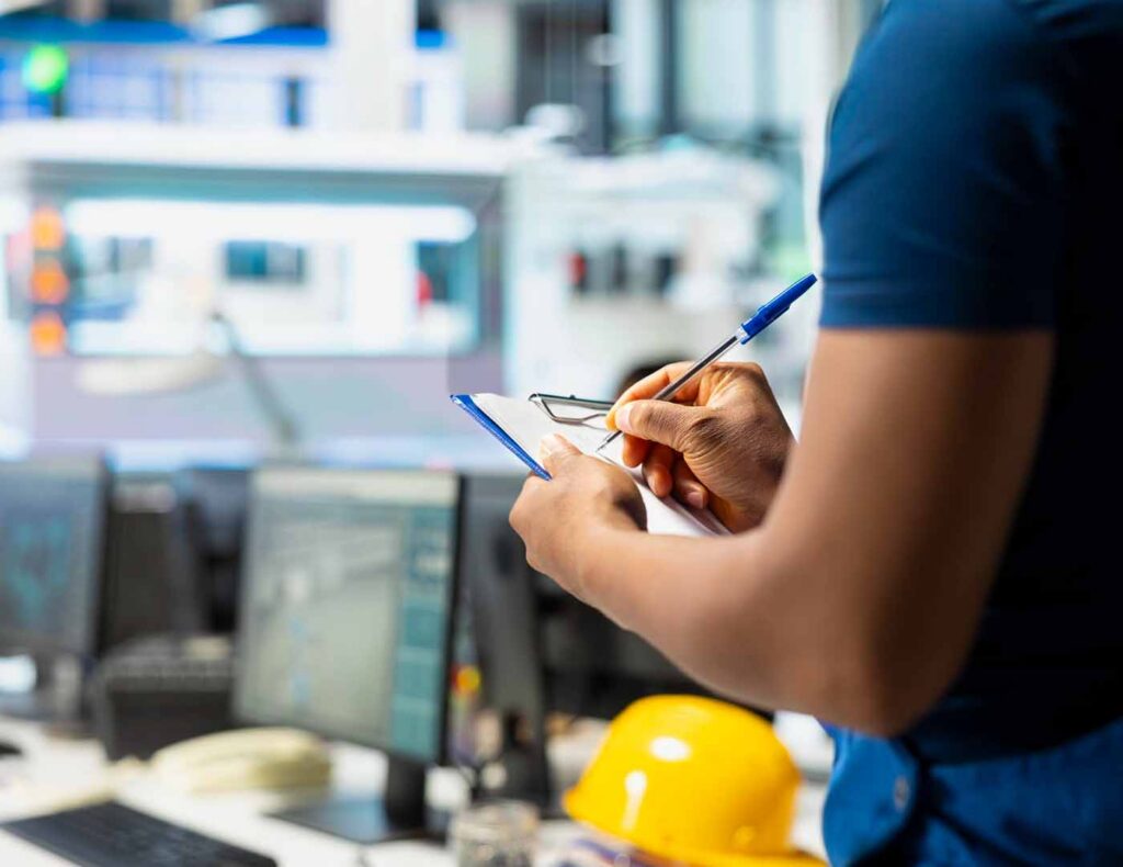 An industrial technician recording technical data on a clipboard inside a facility control room with monitoring screens and a safety hard hat in the background.
